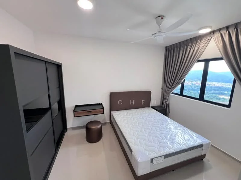 Bedroom features: queen-size bed, upholstered headboard, wall-mounted bedside table, black sliding wardrobe, floor-to-ceiling window, curtains, ceiling fan, light fixture, cream painted walls, tile flooring; style: modern; view: mountain.