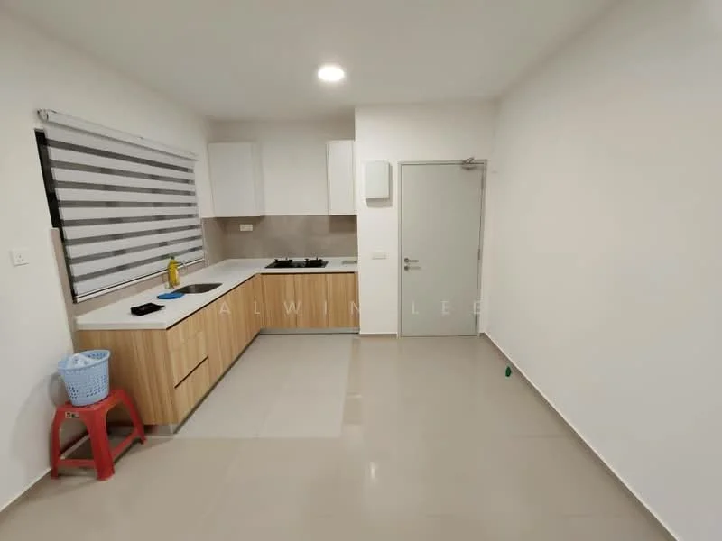 Kitchen features: white cabinets with wood accents, grey countertop, single-bowl stainless-steel sink, chrome pull-down faucet, built-in gas hob, exhaust hood, tile backsplash, ceramic tile flooring, recessed downlights, window with roller blinds, open layout, white painted walls; style: modern.