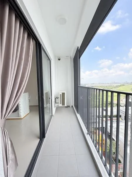 Room features: sliding glass door, floor-to-ceiling windows, grey tiled flooring, white walls, curtains in light grey, balcony railing, air conditioning unit, outdoor view; style: modern; view: city.