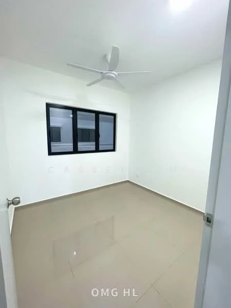 Room features: white painted walls, tile flooring, ceiling fan, black framed windows.