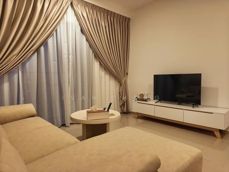 Living features: beige fabric sectional sofa, round coffee table, white TV console, wall-mounted TV, floor-to-ceiling curtains, sheer curtains, cream painted walls, glossy tile flooring, decorative items on console; style: modern.