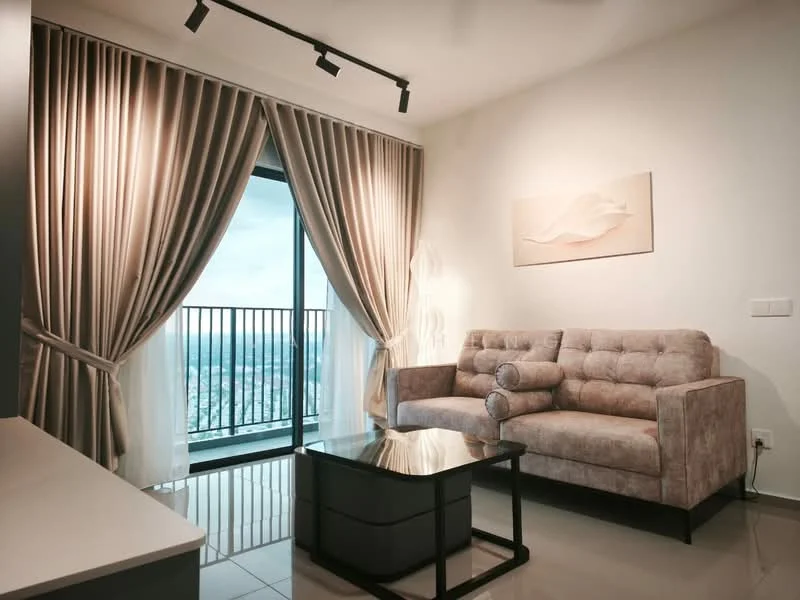 Living features: 3-seater fabric sofa in beige, coffee table with glass top, floor-to-ceiling windows, sheer curtains, blackout curtains, wall-mounted artwork, recessed downlights, tile flooring, city view; style: modern; view: city.