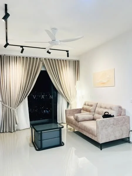 Living features: 3-seater fabric sofa in beige, glass coffee table, floor-to-ceiling windows, sheer curtains, blackout curtains, 5-blade ceiling fan with light, recessed LED downlights, white painted walls, glossy tile flooring; style: modern; view: city.