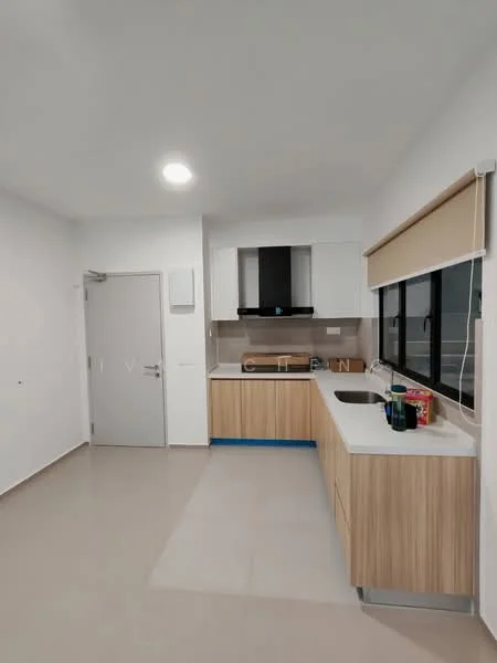 Kitchen features: white cabinets, wooden cabinetry, white countertop, stainless-steel sink, chrome pull-down faucet, built-in stove, extraction hood, window with blinds, light-colored tile flooring, recessed ceiling lights, open layout; style: modern.
