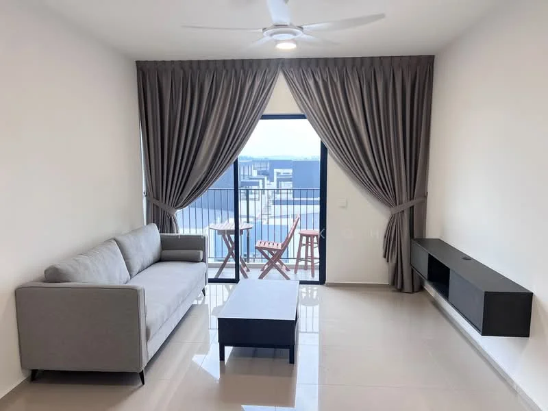 Living features: grey fabric 3-seater sofa, coffee table, wall-mounted TV console, floor-to-ceiling windows, sheer curtains, blackout curtains, recessed downlights, ceiling fan, glossy tile flooring, balcony view; style: modern; view: city.