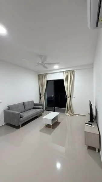 Living features: grey fabric 3-seater sofa, white coffee table, wall-mounted TV, light wood TV console, floor-to-ceiling windows, sheer curtains, cream painted walls, polished tile flooring, ceiling fan with light; style: modern.