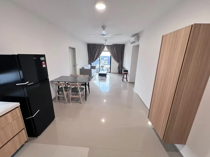 Living features: grey tiled flooring, white painted walls, 5-blade ceiling fan with light, floor-to-ceiling windows, curtains, sofa, dining table with chairs, refrigerator, kitchen cabinetry, air conditioning unit; style: modern; view: city.
