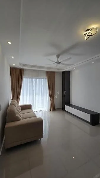 Living features: 3-seater fabric sofa in beige, wall-mounted TV console in black, floor-to-ceiling windows, sheer curtains, recessed downlights, ceiling fan with light, white painted walls, glossy tile flooring; style: modern.