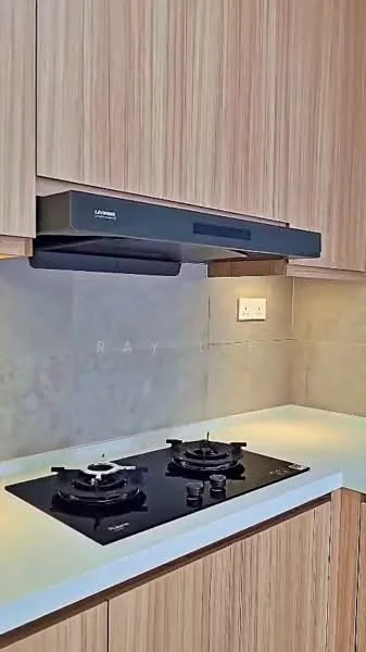 Kitchen features: black gas hob with 2 burners, stainless-steel gas burner, black range hood, white countertop, light grey tile backsplash, wood cabinetry, soft-close cabinet doors, under-cabinet lighting; style: modern.
