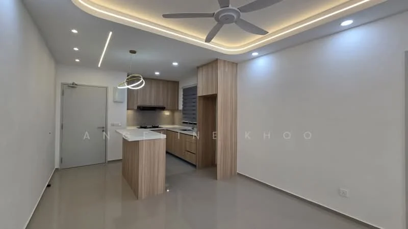 Kitchen features: white painted walls, light wood cabinetry, grey countertop, stainless-steel sink, chrome pull-down faucet, built-in oven, 4-burner gas hob, exhaust hood, pendant light, recessed LED downlights, floor-to-ceiling windows, polished tile flooring, 5-blade ceiling fan with light; style: modern.