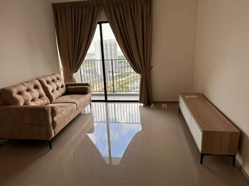 Living features: 3-seater fabric sofa in beige, TV console in light wood, floor-to-ceiling windows, curtains in beige, glossy tile flooring, city view, neutral wall color, minimalist decor; style: modern; view: city.
