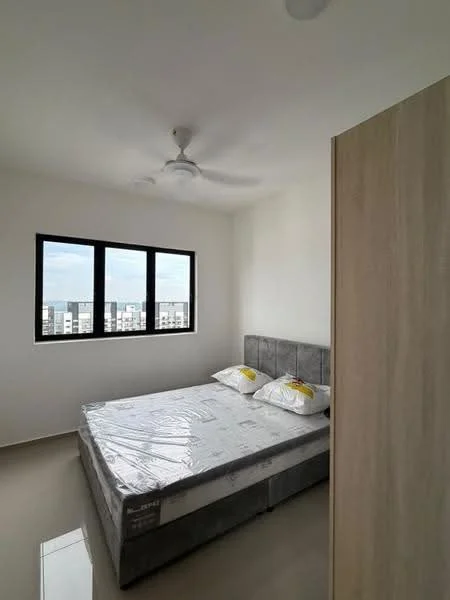 Bedroom features: queen-size bed, upholstered headboard, 2 pillows, ceiling fan, floor-to-ceiling windows, white painted walls, light-colored flooring, natural light from windows; style: modern; view: city.