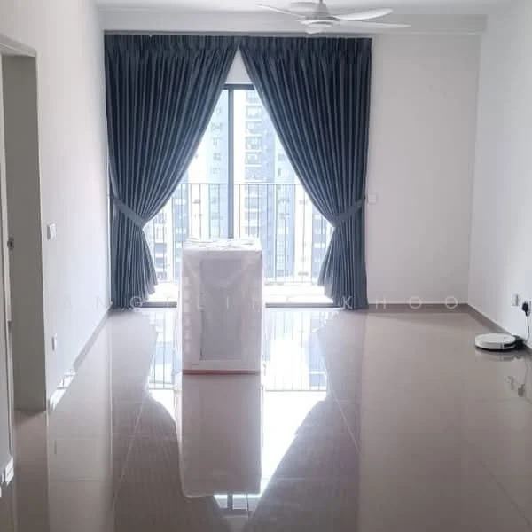 Living features: grey curtains, floor-to-ceiling windows, sliding glass door, polished tile flooring, ceiling fan, white walls, balcony view, robot vacuum cleaner; style: modern; view: city.