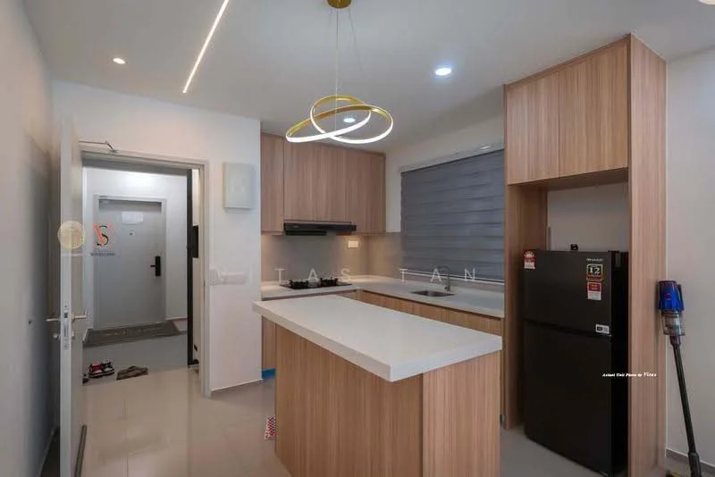 Kitchen features: light wood cabinetry, white countertop, stainless-steel fridge, built-in oven, 4-burner gas hob, single-bowl stainless-steel sink, chrome pull-down faucet, pendant light fixture, recessed LED downlights, grey roller blinds, ceramic tile flooring, open layout; style: modern. Room features: white painted walls, door to hallway, grey door with peephole.