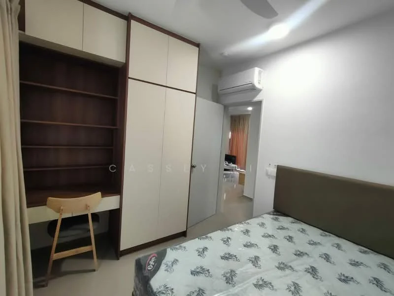 Bedroom features: queen-size bed with patterned bedding, built-in wardrobe with sliding doors, study desk with chair, wall-mounted air conditioning unit, light-colored walls, neutral-colored flooring, curtains on window, ceiling fan; style: modern.