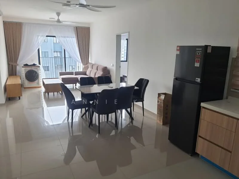 Living features: 3-seater fabric sofa in light beige, ceiling fan, floor-to-ceiling windows, sheer curtains, dining table for 6 with black upholstered chairs, refrigerator in black, kitchen cabinetry in light wood, tile flooring in cream, wall-mounted air conditioning unit, decorative wall paneling; style: modern; view: city.