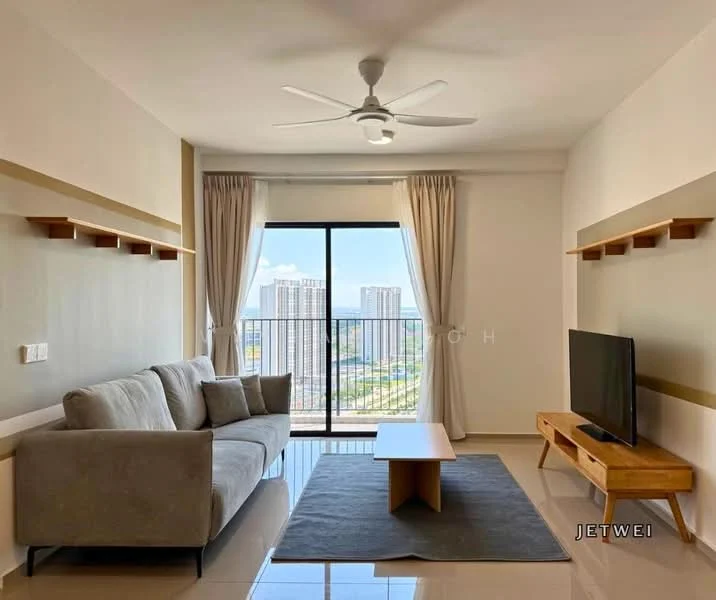 Living features: 3-seater fabric sofa in grey, wooden coffee table, TV console, wall-mounted TV, floor-to-ceiling windows, sheer curtains, recessed downlights, ceiling fan, light-coloured walls, tile flooring, decorative wall shelves; style: modern; view: city.