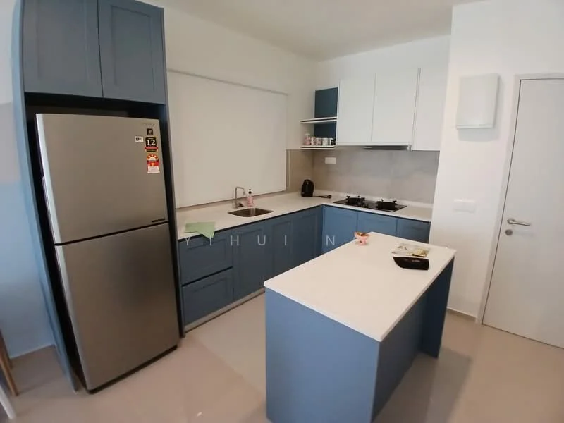 Kitchen features: blue cabinetry, white countertop, stainless-steel fridge, single-bowl stainless-steel sink, chrome pull-down faucet, built-in gas stove, wall-mounted range hood, tile backsplash, open shelving, drawer storage, under-cabinet lighting, grey tile flooring; style: modern.