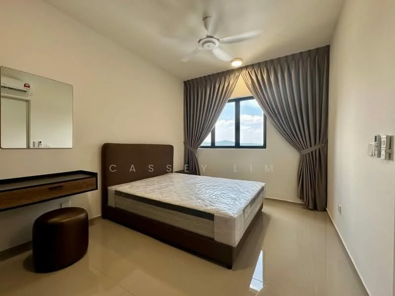 Bedroom features: queen-size bed, upholstered headboard, ceiling fan with light, floor-to-ceiling window, curtains, mirror, wooden desk, round ottoman, glossy tile flooring, white painted walls; style: modern; view: city.