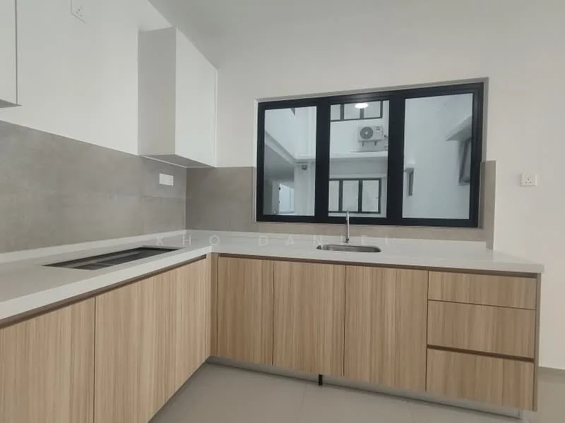 Kitchen features: white quartz countertop, light wood cabinetry, single-bowl stainless-steel sink, chrome pull-down faucet, built-in oven, ceramic tile backsplash, grey tile flooring, floor-to-ceiling window, air conditioning unit; style: modern.