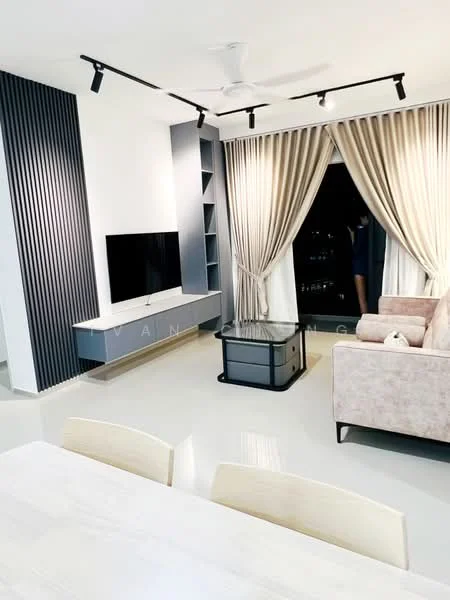 Living features: light grey fabric sofa, glass coffee table, wall-mounted TV, TV console with storage, recessed LED downlights, ceiling fan, floor-to-ceiling windows, sheer curtains, dark accent wall with vertical slats, light-colored flooring; style: modern; view: city.