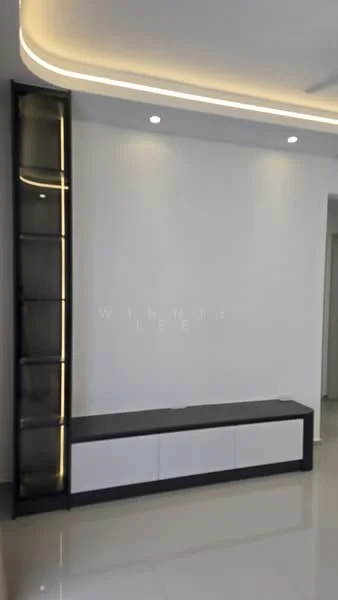Living features: white painted walls, glossy tile flooring, built-in TV console with black and white cabinetry, glass display shelves with integrated lighting, recessed ceiling lights, crown moulding, neutral color scheme; style: modern.