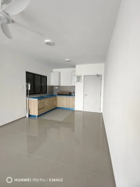 Kitchen features: white painted walls, grey tiled flooring, ceiling fan, kitchen cabinets with wood finish, blue countertop, stainless-steel sink, built-in oven, refrigerator, open layout, window above sink, light fixtures on ceiling; style: modern.