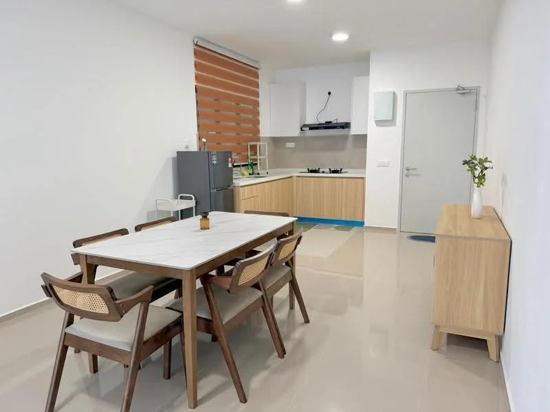 Dining features: 6-seater dining table with marble top, wooden dining chairs with woven seats, kitchen cabinetry with light wood finish, built-in gas hob, stainless-steel fridge, white walls, tile flooring, roller blinds on window, wall-mounted extractor hood, single-bowl stainless-steel sink, countertop with space for appliances, door leading to hallway; style: modern.