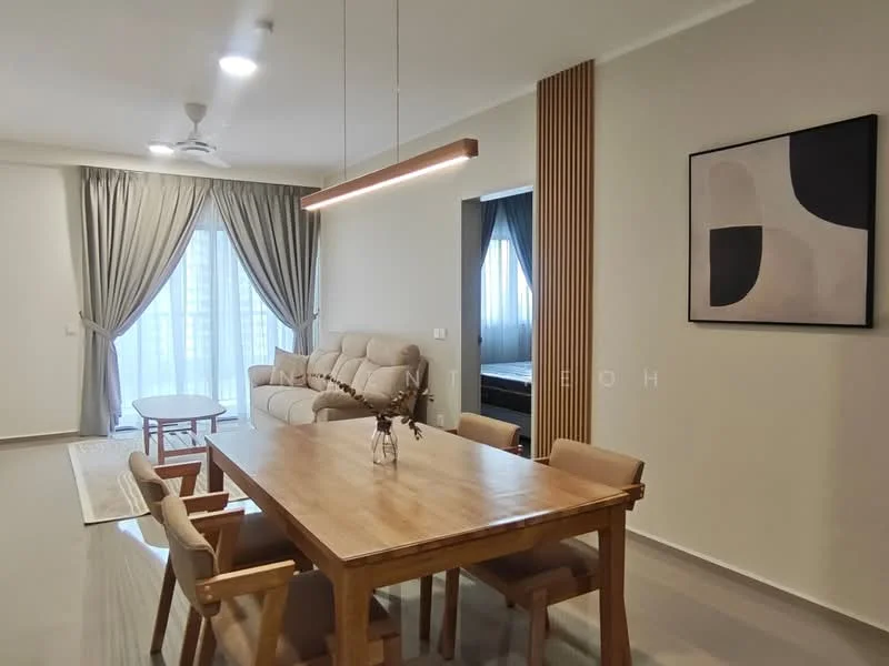 Living features: 3-seater fabric sofa in beige, round coffee table, 6-seater dining table in wood, upholstered dining chairs, floor-to-ceiling windows, sheer curtains, recessed downlights, ceiling fan, decorative wall art, wooden feature wall, light-colored walls, glossy tile flooring; style: modern; view: city.