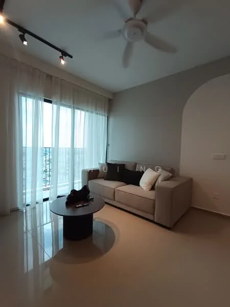 Living features: 3-seater fabric sofa in beige, round coffee table with black base, floor-to-ceiling windows, sheer curtains, recessed LED downlights, ceiling fan, polished tile flooring, grey accent wall; style: modern; view: city.