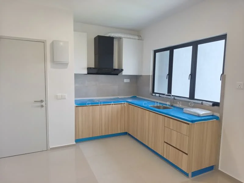 Kitchen features: L-shaped kitchen layout, light wood cabinetry, white upper cabinets, black range hood, grey tile backsplash, stainless-steel sink, single-bowl sink, countertop with blue protective covering, two windows, light-colored tile flooring, wall-mounted kitchen appliance, door leading to another room; style: modern.