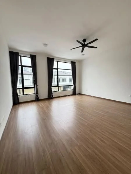 Living features: laminate wood flooring, white painted walls, 5-blade ceiling fan, floor-to-ceiling windows, blackout curtains, natural light, neutral color scheme; style: modern.