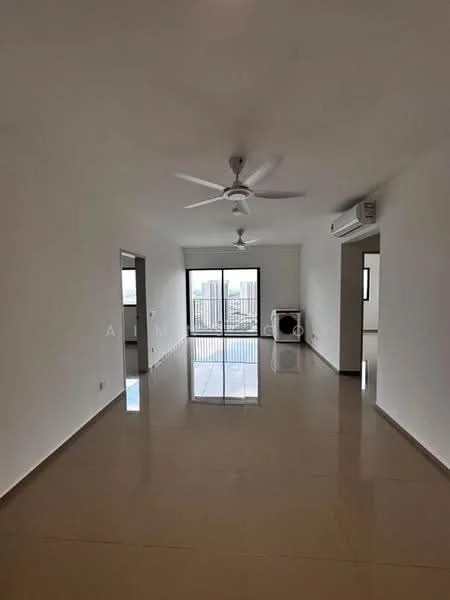 Living features: white painted walls, glossy beige tile flooring, 5-blade ceiling fan with light, floor-to-ceiling windows, sliding glass door, wall-mounted split AC, natural light from windows, open layout; style: modern; view: city.