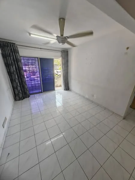 Living features: white painted walls, glossy white tile flooring, 5-blade ceiling fan with light, sliding glass door, floor-to-ceiling windows, grey curtains, natural light from window, open layout.