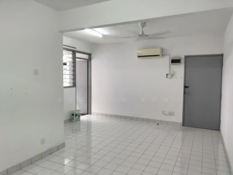 Room features: white painted walls, white tiled flooring, ceiling fan, wall-mounted split AC, window with metal grille, door with handle, light fixture, corner of room with paint bucket.