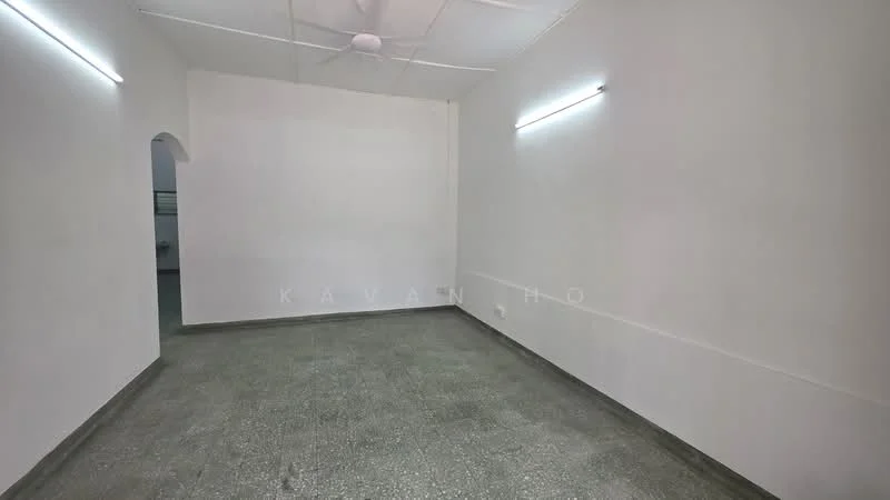 Room features: white painted walls, grey flooring, ceiling fan, LED strip lighting, no visible furniture, single window, plain ceiling, corner archway; style: minimalist.