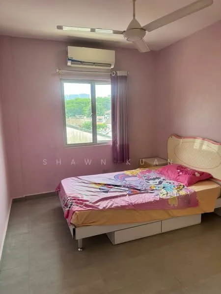 Bedroom features: pink painted walls, window with view, floor-to-ceiling window, curtains, single bed with floral bedding, ceiling fan, air conditioning unit, tile flooring, built-in storage under bed.
