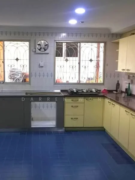 Kitchen features: yellow cabinetry, grey cabinetry, laminate countertop, stainless-steel sink, 4-burner gas hob, wall-mounted clock, tile backsplash, blue tile flooring, window with decorative grille, under-cabinet lighting, open shelving, built-in cabinets; style: modern.