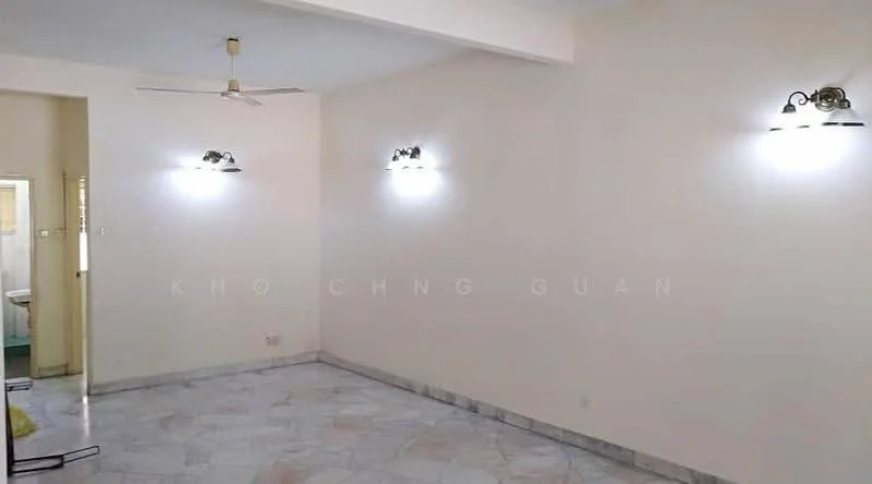 Room features: white painted walls, marble flooring, ceiling fan, 2 wall sconces with light, corner for potential furniture placement, neutral color scheme, spacious layout; style: modern.