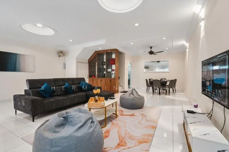 Living features: 3-seater fabric sofa in dark grey, blue decorative cushions, coffee table with marble top, 2 bean bags in light grey, wall-mounted TV, TV console in white, recessed ceiling lights, ceiling fan with light, white tiled flooring, neutral painted walls, decorative wall art, open layout to dining area; style: modern.