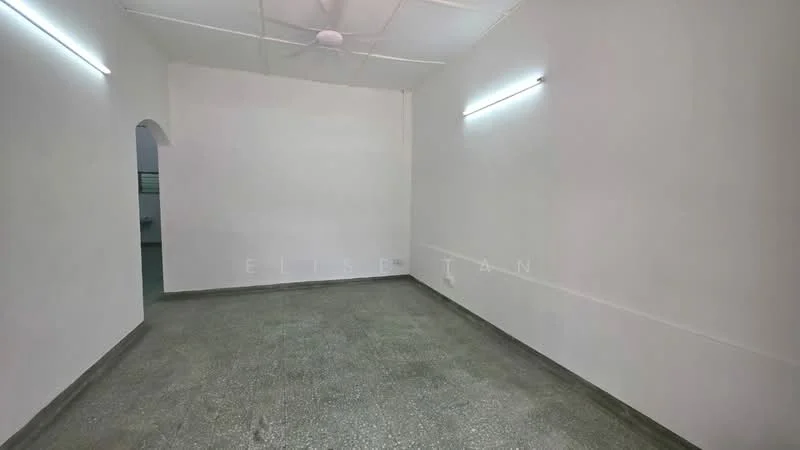 Room features: white painted walls, grey flooring, ceiling fan, LED strip lighting, no visible furniture or decor; style: minimalist.