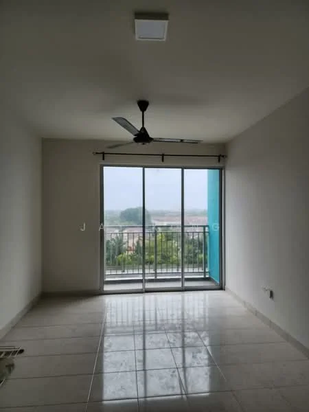 Living features: floor-to-ceiling sliding glass door, balcony access, 5-blade ceiling fan, white painted walls, tile flooring, natural light from large window, curtain rod, neutral color scheme; style: modern; view: city.