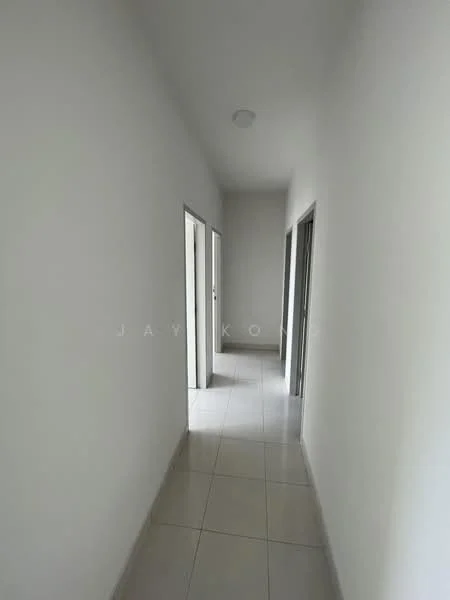 Hallway features: white painted walls, tile flooring, ceiling light fixture, door frames, two doors on the left, one door on the right.
