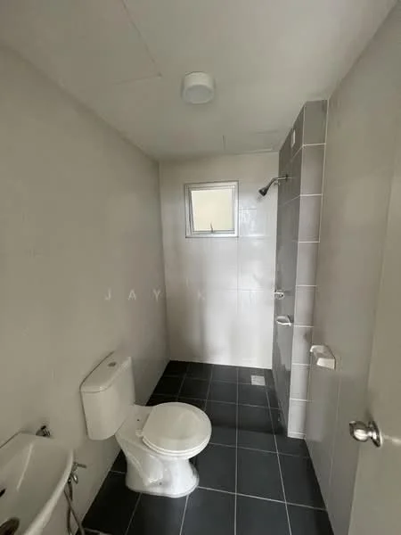 Bathroom features: white walls, grey tiled flooring, single-sink vanity, one-piece toilet, shower area with wall-mounted shower head, window for natural light, mirror above sink, chrome faucet; style: modern.