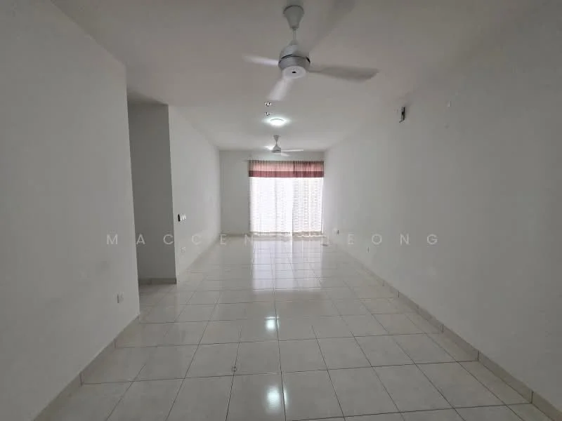 Living features: white painted walls, glossy ceramic tile flooring, recessed downlights, 5-blade ceiling fan, large sliding glass door, sheer curtains, natural light from window, neutral color scheme; style: modern.