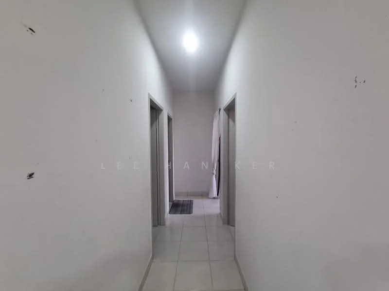 Hallway features: white painted walls, tile flooring, ceiling light fixture, two doorways, neutral color scheme, clean lines, no visible decor; style: modern.