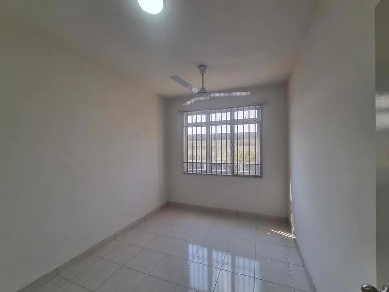 Room features: white painted walls, tile flooring, ceiling fan, window with metal grille, natural light from window.