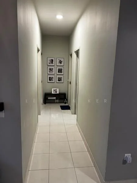 Hallway features: white painted walls, glossy white tile flooring, recessed downlights, framed artwork on walls, two doors on each side, narrow console table, decorative items on console table; style: modern.