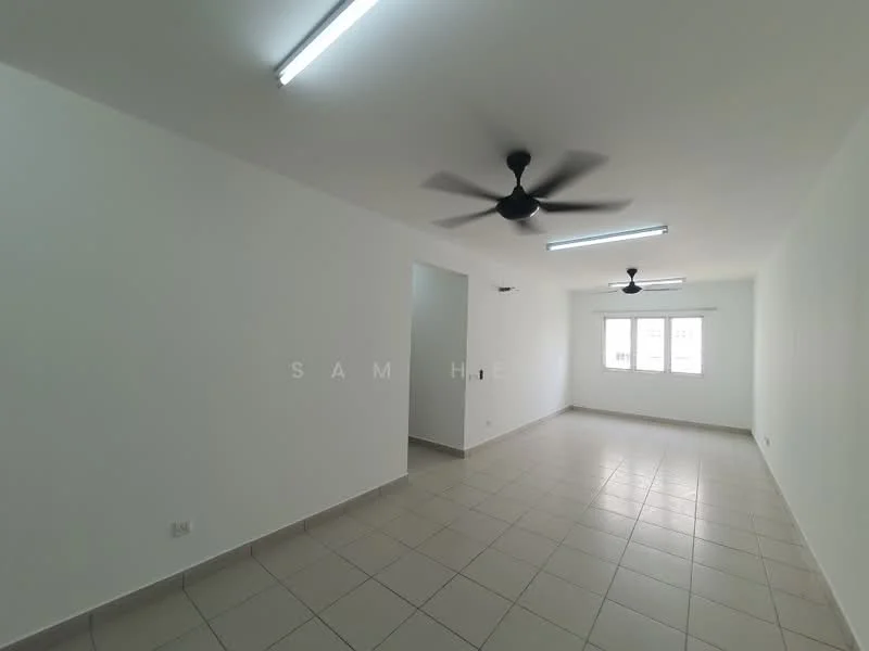 Room features: white painted walls, tile flooring, 2 ceiling fans, 2 fluorescent light fixtures, window with blinds, open layout, no visible furniture, neutral color scheme; style: modern.