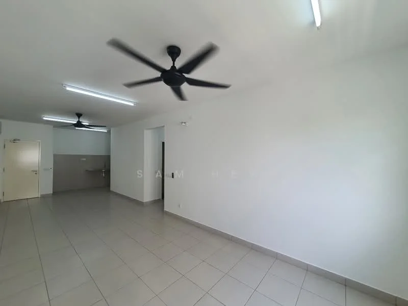 Room features: white painted walls, tile flooring, 2 ceiling fans, fluorescent lighting, open layout, corner entry door, wall-mounted electrical outlets, neutral color scheme; style: minimalist.